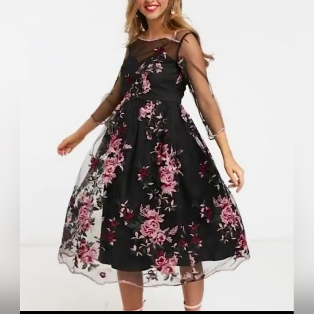 NWT Chi Chi London maternity black floral tule embroidered midi dress si…